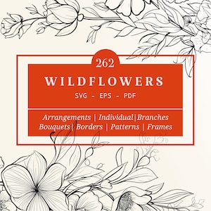 262 種類の野生の花のスケッチ ライン アート SVG バンドル | 手描きの結婚式とタトゥーのクリップアート