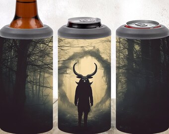 Diseño de sublimación Krampus en un bosque oscuro 4 en 1 Enfriador de latas Envoltura de vaso Descarga digital instantánea PNG