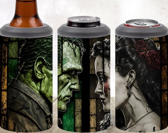 Frankenstein y su novia Diseño de sublimación, 4 en 1 Envoltura de vaso enfriador de latas, Descarga digital instantánea PNG