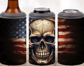 Sublimation Design American Flag Skull 4 en 1 Can Cooler Tumbler Wrap Descarga digital instantánea PNG
