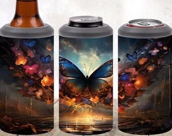 Hermosa mariposa y flores Sublimación 4in1 Can Cooler Wrap Descarga digital instantánea PNG 4 en 1 Tumbler Wrap