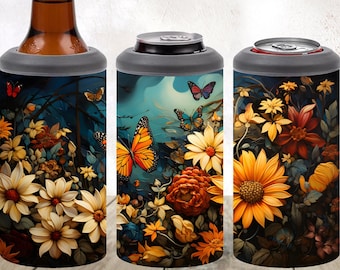 Sublimación de mariposas y flores 4in1 Can Cooler Wrap Descarga digital instantánea PNG 4 en 1 Tumbler Wrap