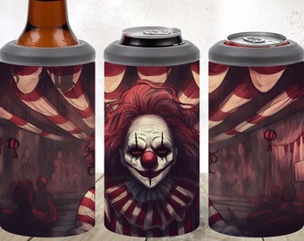 Diseño de sublimación de pintura de payaso espeluznante, envoltura de vaso enfriador de lata 4 en 1, descarga digital instantánea PNG