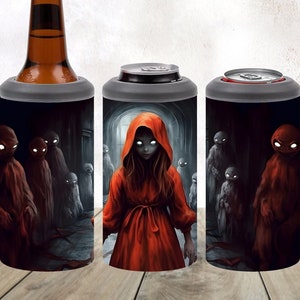May include: Three beverage insulators with a spooky theme. The center insulator features a girl in a red hooded cloak with glowing eyes, surrounded by eerie figures. The other two insulators depict similar scenes with the same characters.