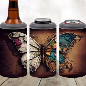 May include: A set of three insulated can coolers featuring a colorful butterfly design with a world map background. The butterfly wings are made of pieces of a world map, creating a unique and artistic design.