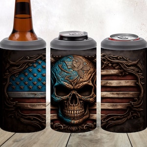 May include: Three insulated can coolers with a skull design. The skull is half blue and half gold with an American flag design on the left and right coolers. The center cooler has a navy anchor and stars on the skull.