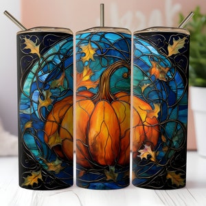 Stained Glass Pumpkin Tumbler Wrap PNG 20oz Skinny Straight and Tapered Tumbler Sublimation Design PNG