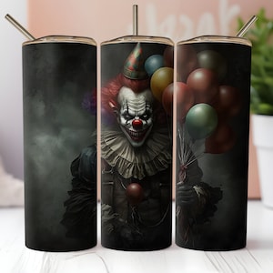 Payaso espeluznante con envoltura de vaso de globo PNG Diseño de sublimación de vaso delgado recto y cónico de 20 oz PNG