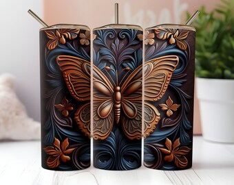 Envoltura de vaso de mariposa de cuero labrado colorido PNG Vaso delgado recto y cónico de 20 oz Diseño de sublimación PNG
