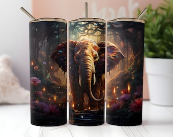 Elefante en bosque encantado Envoltura de vaso PNG Vaso delgado recto y cónico de 20 oz Diseño de sublimación PNG