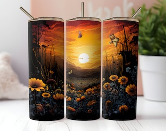 Girasoles y mariposas en una hermosa puesta de sol Tumbler Wrap PNG 20oz Skinny Straight and Tapered Tumbler Sublimation Design PNG