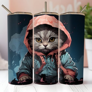 Kitten In A Hoodie Tumbler Wrap PNG 20oz Skinny Straight and Tapered Tumbler Sublimation Design PNG