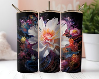 Op de afbeelding: Drie roestvrijstalen bekers met een zwarte achtergrond en een kleurrijk bloemenontwerp. De bloemen zijn wit met roze, oranje en gele accenten. Het ontwerp is abstract en wervelend.