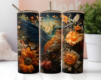Colibrí En Flores Envoltura De Vaso PNG 20oz Vaso Flaco Recto Y Cónico Diseño De Sublimación PNG