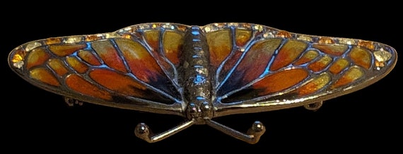Butterfly Vintage Brooch Enamel Rhinestones Silve… - image 4