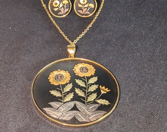 Vintage Amita  Japanese Damascene Pendant and Earrings Set Sunny Sunflowers