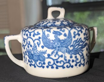 Vintage Phoenix Japanese Ceramic Sugar Bowl 2 handles 5" x 3.5"  Lid is from another set PreOwned Condition