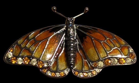 Butterfly Vintage Brooch Enamel Rhinestones Silve… - image 1