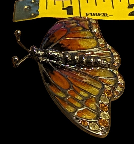 Butterfly Vintage Brooch Enamel Rhinestones Silve… - image 3