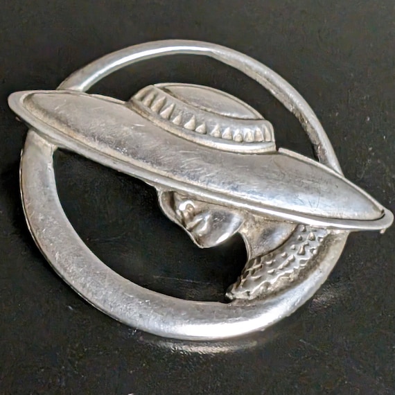 Vintage Pewter Lady in a Hat Pin Brooch Mid Centu… - image 1
