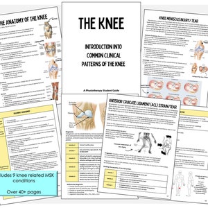 Puede incluir: Un conjunto de páginas impresas que detallan la anatomía de la rodilla, las lesiones y el tratamiento. Las páginas incluyen diagramas, texto y títulos como "La anatomía de la rodilla" y "Lesión/desgarro del menisco de la rodilla". La guía es para estudiantes de fisioterapia.