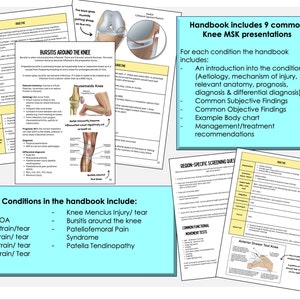 K&ouml;nnte beinhalten: Ein Handbuch mit Informationen zu Knieverletzungen und -erkrankungen. Die Seiten enthalten Diagramme, Text und Listen von Erkrankungen wie Knie-OA, MCL-Zerrung/Riss und Bursitis. Das Handbuch umfasst 9 g&auml;ngige Knie-MSK-Pr&auml;sentationen.