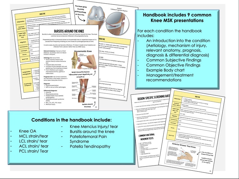 K&ouml;nnte beinhalten: Ein Handbuch mit Informationen zu Knieverletzungen und -erkrankungen. Die Seiten enthalten Diagramme, Text und Listen von Erkrankungen wie Knie-OA, MCL-Zerrung/Riss und Bursitis. Das Handbuch umfasst 9 g&auml;ngige Knie-MSK-Pr&auml;sentationen.