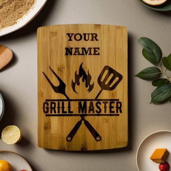 Grill Master Cutting Board with "Your Name". Laser Etched Bamboo Cutting Board.  Show Everyone Who Is The Pit Boss at The Cook Out!