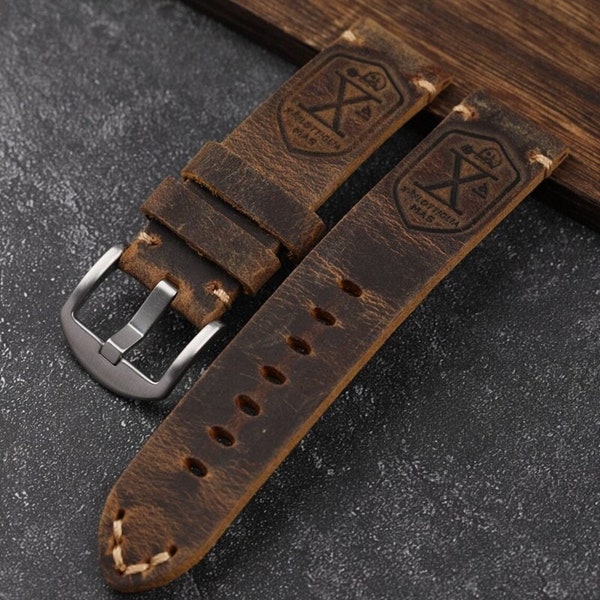 Premium Thick Italian Leather Watch Strap 20mm 21mm 22mm 23mm 24mm 26mm Flottiglia MAS Dark Brown Silver