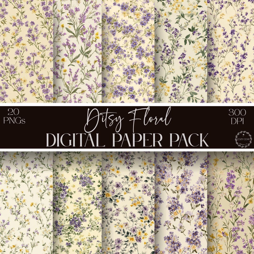 Ditsy Floral Digital Papers: Purple Wildflower Scrapbook Paper Pack ...