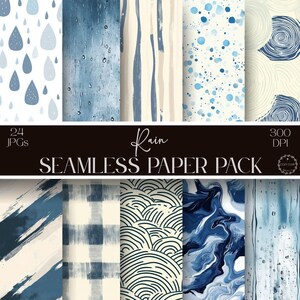 May include: A digital collection of 24 seamless paper patterns featuring blue and white designs. The graphics include rain drops, watercolor textures, vertical stripes, polka dots, circular swirls, diagonal brush strokes, plaid, and marble.