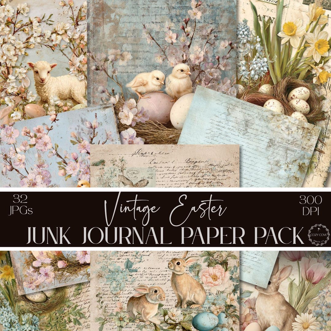 Vintage Easter Digital Papers: Floral Bunny Ephemera Scrapbook Pack ...