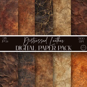 Peut inclure: Un pack de papiers numériques avec des textures de cuir vieilli dans diverses nuances de marron, beige et noir. L'image comprend le texte "Distressed Leather DIGITAL PAPER PACK" et des détails sur le nombre de JPG et DPI.