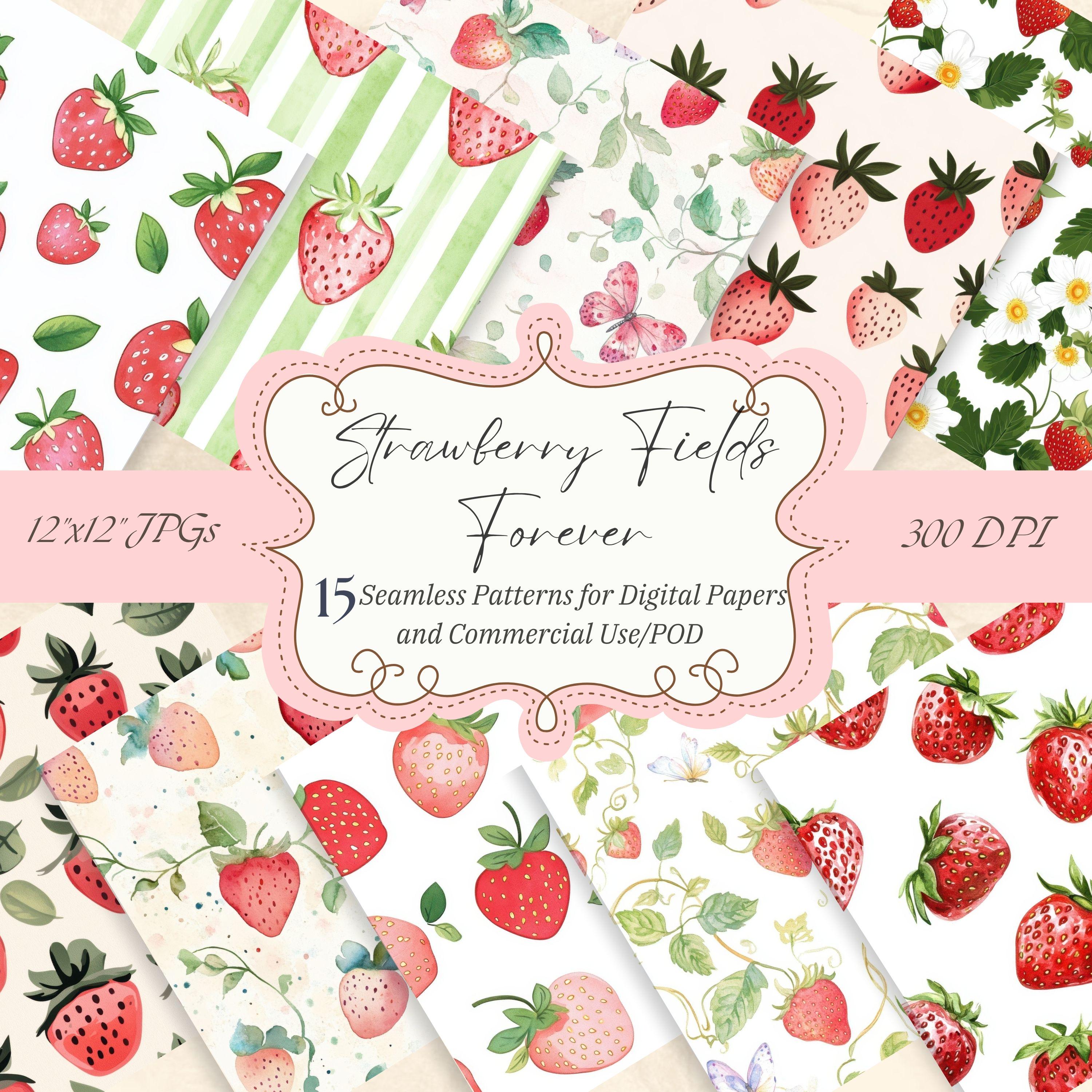 Strawberry Seamless Patterns Bundle | 15 Digital Paper Textures Scrapbook, Junk Journals, POD & Commercial Use | Strawberry Clipart Download