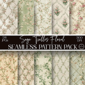 May include: A collection of floral seamless patterns in various colors, including sage green, cream, and pink. The patterns feature climbing vines and flowers. The text on the image reads "Sage Trellis Floral SEAMLESS PATTERN PACK".