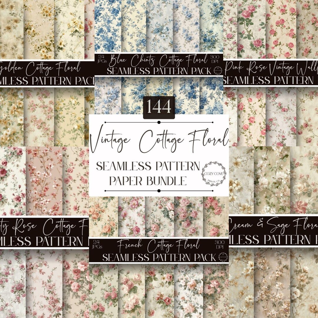 Vintage Cottage Floral Digital Paper Bundle: 144 Seamless Wallpaper ...