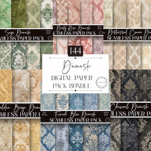 May include: A collection of 144 digital papers featuring various damask patterns in sage, dusty rose, cream, golden beige, French blue, and charcoal colors. The bundle includes text labels for each set and a central sign reading 144 Damask Digital Paper Pack Bundle.