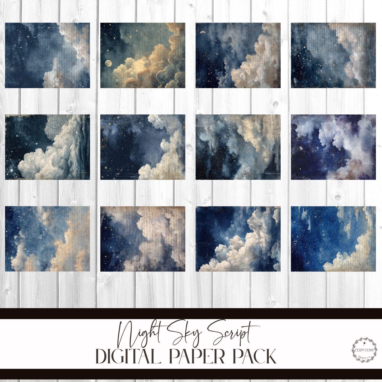Celestial Night Sky Digital Papers: Moody Cloud Ephemera Scrapbook ...