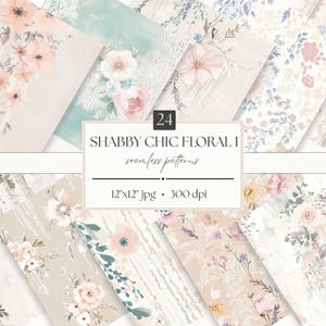 May include: A collection of 24 Shabby Chic Floral seamless patterns. The designs feature watercolor floral arrangements in soft pastel colors, including pink, peach, and blue. The patterns are 12"x12" jpg files at 300 dpi.
