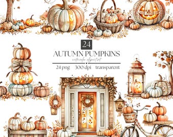 Conjunto de imágenes prediseñadas de calabazas otoñales: acuarela de otoño, calabazas, uso comercial completo y licencia, PNG para pegatinas de sublimación, manualidades, álbumes de recortes.