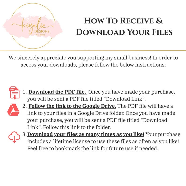 Puede incluir: Un gr&aacute;fico blanco con el texto "How to Receive & Download Your Files" e instrucciones para descargar archivos. La imagen incluye un logotipo e instrucciones para descargar un archivo PDF y acceder a los archivos a trav&eacute;s de Google Drive.