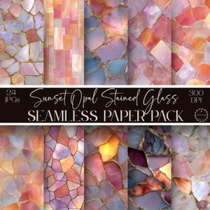 Sunset Opal Digital Papers: Peach Stained Glass Scrapbook Paper Pack, Seamless Coral Gemstone Texture Backgrounds