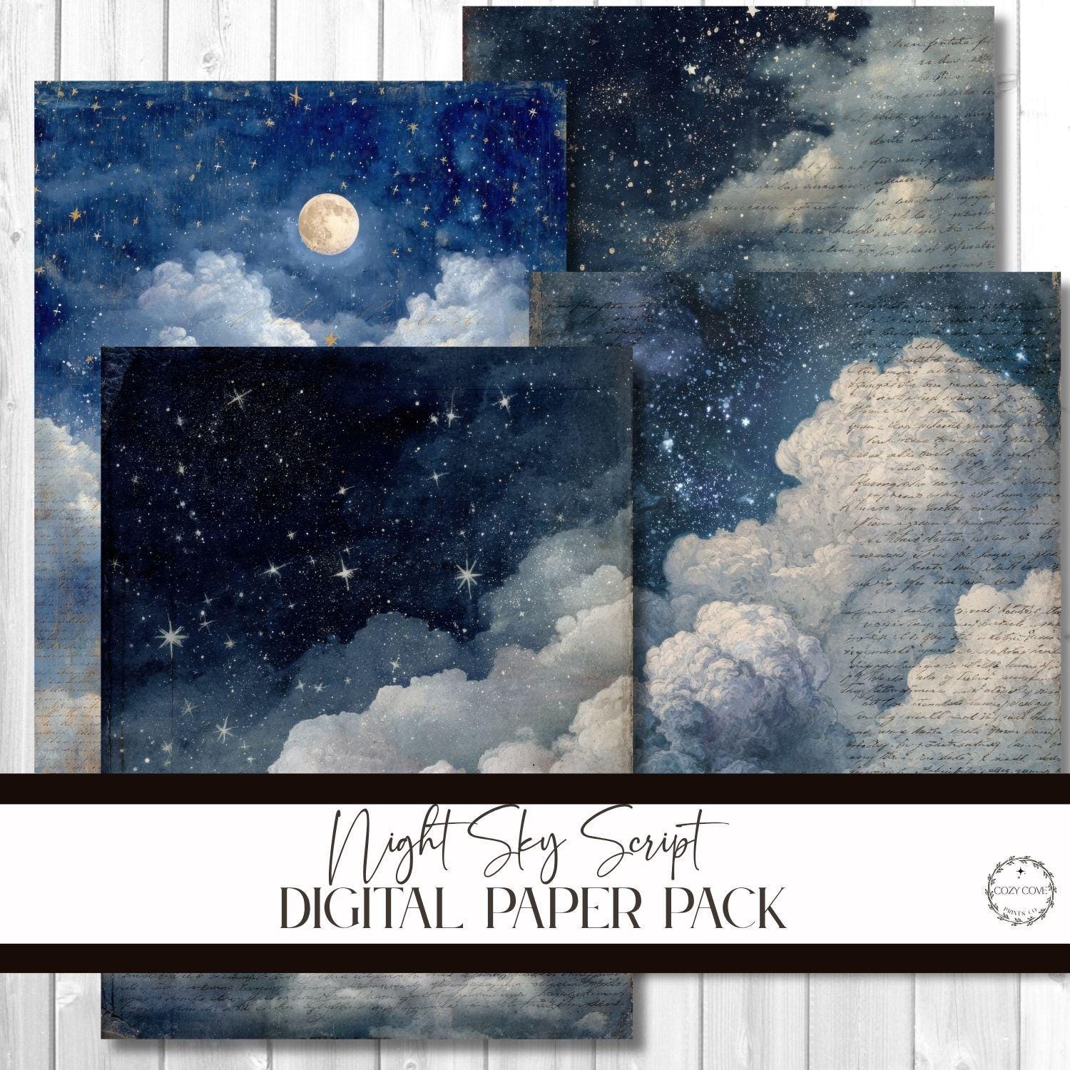 Celestial Night Sky Digital Papers: Moody Cloud Ephemera Scrapbook ...