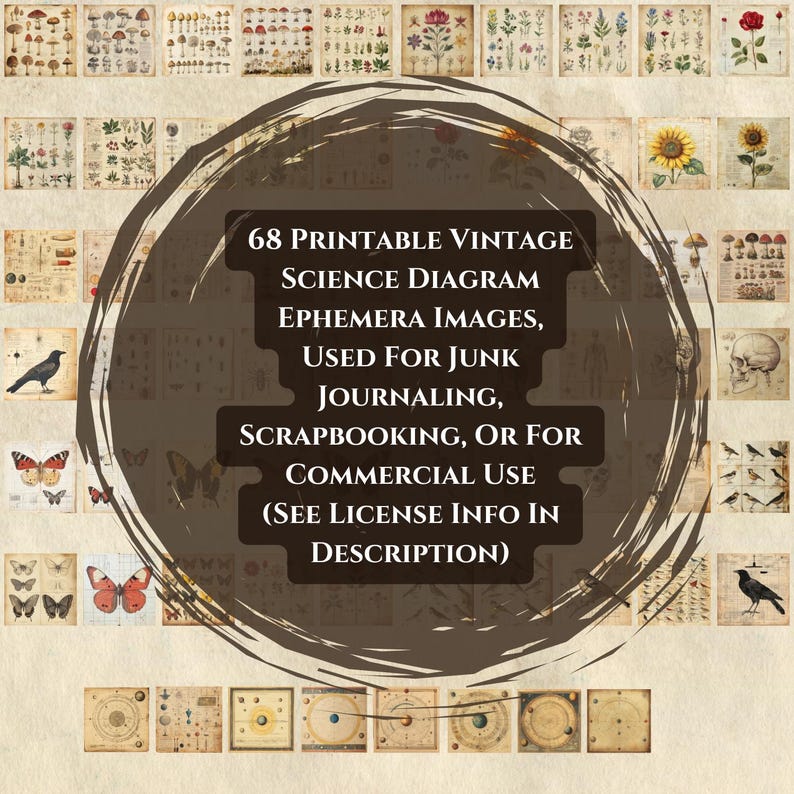 Puede incluir: Una colecci&oacute;n de 68 im&aacute;genes imprimibles de efem&eacute;rides de diagramas cient&iacute;ficos antiguos. Las im&aacute;genes se utilizan para junk journaling, scrapbooking o uso comercial. Incluye ilustraciones bot&aacute;nicas y gr&aacute;ficos antiguos.