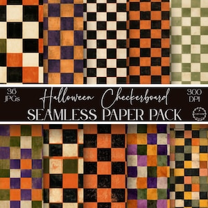 May include: A digital collection of 36 seamless paper patterns featuring various checkerboard designs in color palettes of orange, black, purple, cream, and green. The text reads: 36 JPGs, Halloween Checkerboard, 300 DPI, SEAMLESS PAPER PACK.
