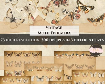 Paquete de imágenes prediseñadas de polillas vintage: 73 imágenes de alta resolución para scrapbooking y diarios basura, arte digital estilo efímero.