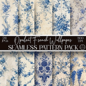 May include: A collection of seamless patterns featuring blue floral designs on a cream background. The patterns include various floral arrangements and styles. The text "Opulent French Wallpaper" and "Seamless Pattern Pack" is displayed.