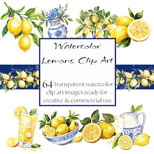 Lemon Watercolor Digital Clip Art Set - Greek Inspired Designs for Scrapbooking, Junk Journaling, Commercial Use for POD, Summer Blue Theme