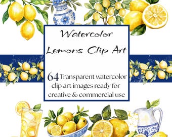 Lemon Watercolor Digital Clip Art Set - Greek Inspired Designs for Scrapbooking, Junk Journaling, Commercial Use for POD, Summer Blue Theme