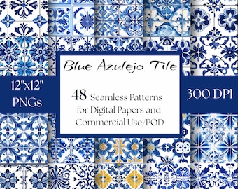 Blue Mediterranean Tile Digital Pattern Pack - 48 Seamless Patterns for Digital Paper or Commercial Use, Ready to Print at 12x12, Azulejos